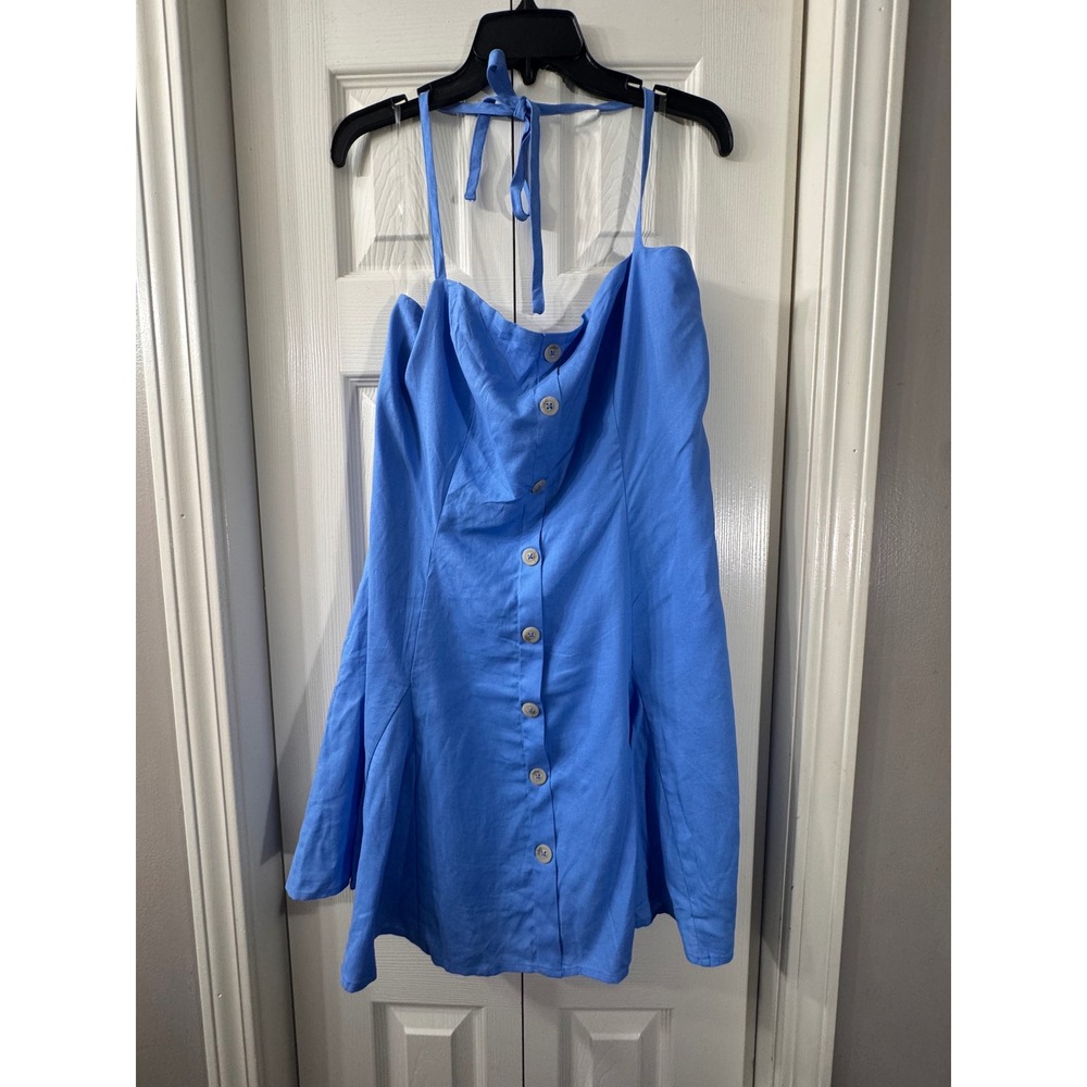 Wild Fable Womens Blue Button Halter Mini Dress Size L Smocked Back Sundress